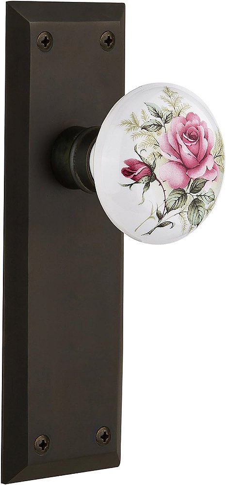 Placa de Nova Iorque em bronze esfregado com óleo e maçaneta de porcelana branca, Nostalgic Warehouse 711192, Privacidade-2.375