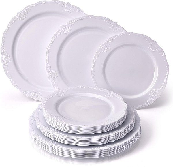 CONJUNTO DE 30 PRATOS DESCARTÁVEIS PARA FESTA 10 Pratos de Jantar 10 Pratos de Salada 10 Pratos de Sobremesa Pratos de Plástico Descartáveis Resistentes com Aparência de Porcel