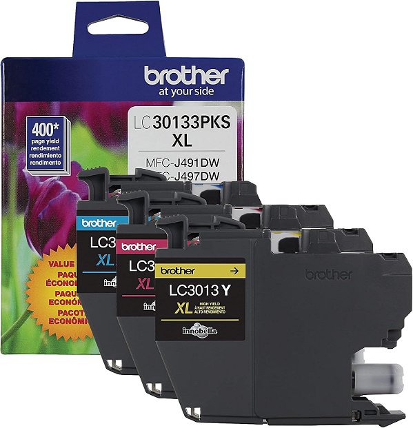 Cartuchos de tinta colorida de alto rendimento Brother Printer Genuine LC30133PKS 3-Pack, Rendimento de até 400 páginas por cartucho, inclui ciano, magenta e amarelo, LC3013