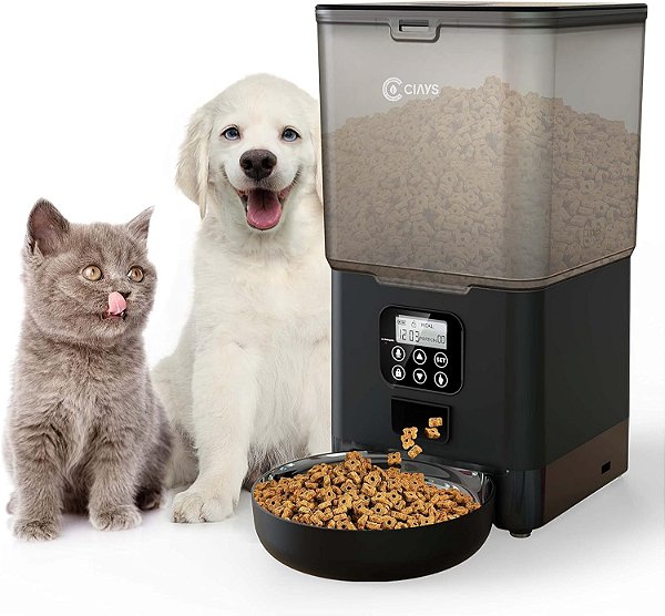 Alimentador Automático para Gatos Ciays, 5.6L, 4 Refeições por Dia, Dispensador de Comida Seca para Animais de Estimação, Alimentação Dupla e Gravador de Voz, Preto.