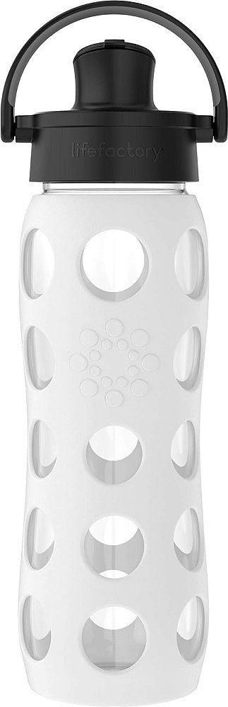 Garrafa de água de vidro Lifefactory de 22 onças com tampa ativa flip e capa protetora de silicone, Branco óptico.