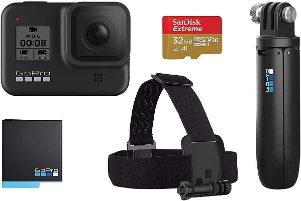 Pacote de varejo GoPro HERO8 Black - Inclui câmera HERO8 Black, Shorty, Head Strap, Cartão SD de 32GB, e 2 baterias recarregáveis.