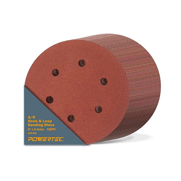 Discos de lixamento de gancho e laço de 6 polegadas e 6 furos, POWERTEC 45212-P4, 100PK, 120 Grit, para lixadeira orbital aleatória, lixadeira pneumática, li