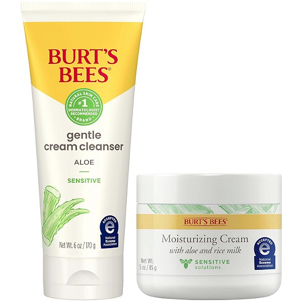 Pacote de Pele Sensível Burt's Bees, Gentle Cream Facial Cleanser com Aloe e Moisturizing Face Cream com Aloe and Rice Milk, Cuidados com a Pele de Origem Natural, 6 oz./3 oz.