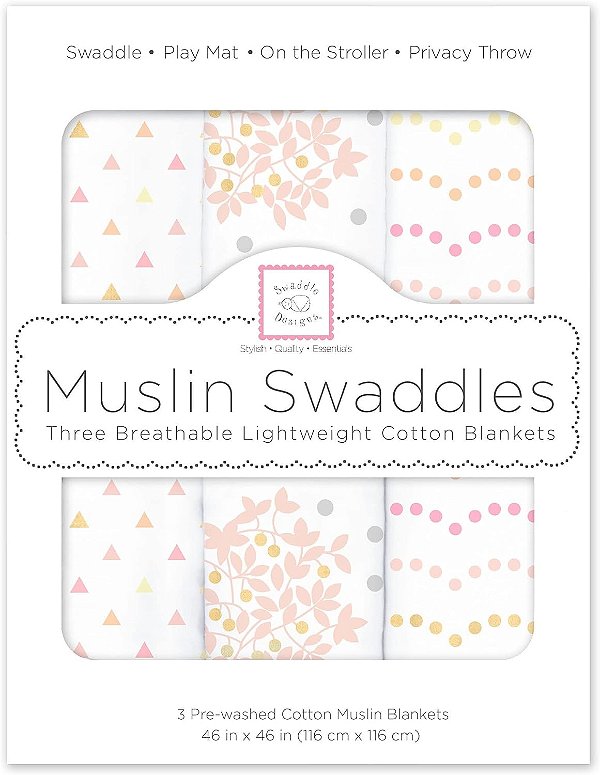 Cobertores de Musselina SwaddleDesigns, Cobertor Swaddle para Menina, Florais Celestiais Rosas com Toque de Brilho Dourado, Conjunto de 3
