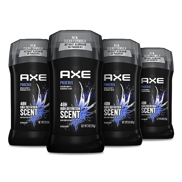 Desodorante AXE Phoenix Proteção 48H contra Odor de Hortelã Esmagada e Alecrim Sem Alumínio para Homens 3oz 4 Unidades