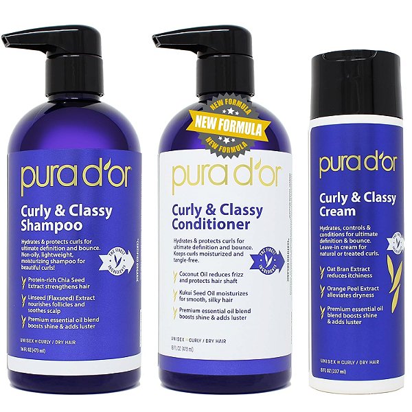 Conjunto Completo de 3 Peças Curly & Classy da PURA D'OR (Shampoo, Condicionador, Creme) Para Cachos Luscious & Definidos, Fórmula Nutritiva com Óleo de Argan,