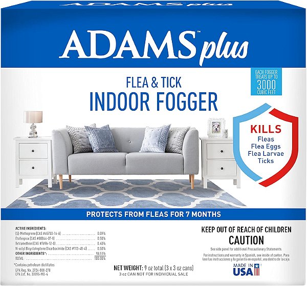 Adams Plus Fogger Antipulgas e Carrapatos para Ambientes Internos, 3 latas de 3 oz, Mata Pulgas, Ovos de Pulgas, Formigas, Moscas, Vespas, Baratas, Mosquitos e Muitas Out