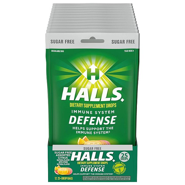 Pastilhas de vitamina C sem açúcar no sabor cítrico sortido HALLS Defense, 12 pacotes de 25 pastilhas (300 no total), suplemento alimentar.