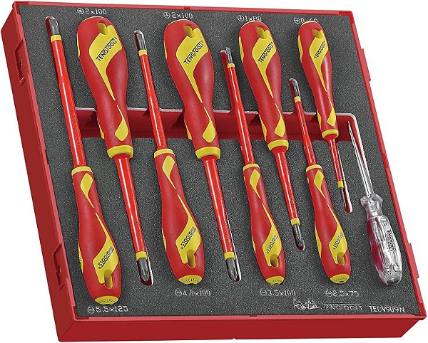 Conjunto de Chaves de Fenda com Espuma EVA Isolada de 9 Peças, Tipo Plano, PH & PZ de 1000 Volts da Teng Tools - TEDV909N
