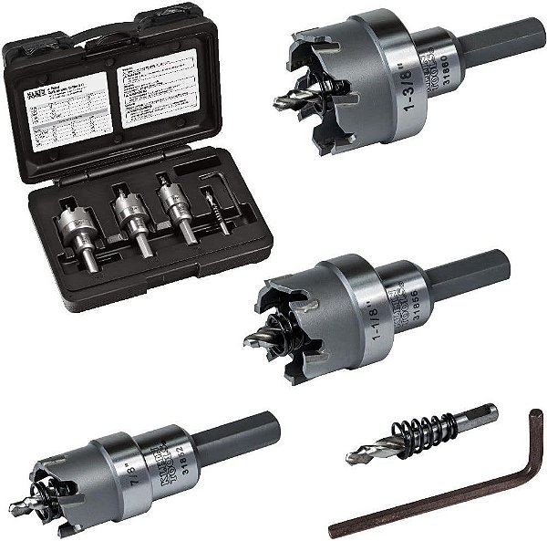 Kit de corte de furos pesados Klein Tools 31872, inclui cortadores de furos de carboneto e broca guia em estojo de plástico moldado à prova de ferrugem, 4 peças.