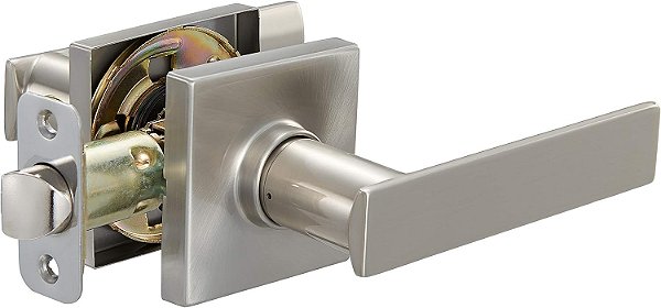 Maçaneta de Porta com Fechadura Contemporânea Amazon Basics Stamford, Entrada, 64,3mm de Altura Superior e 294,5mm de Altura Inferior, Níquel Acetinado.