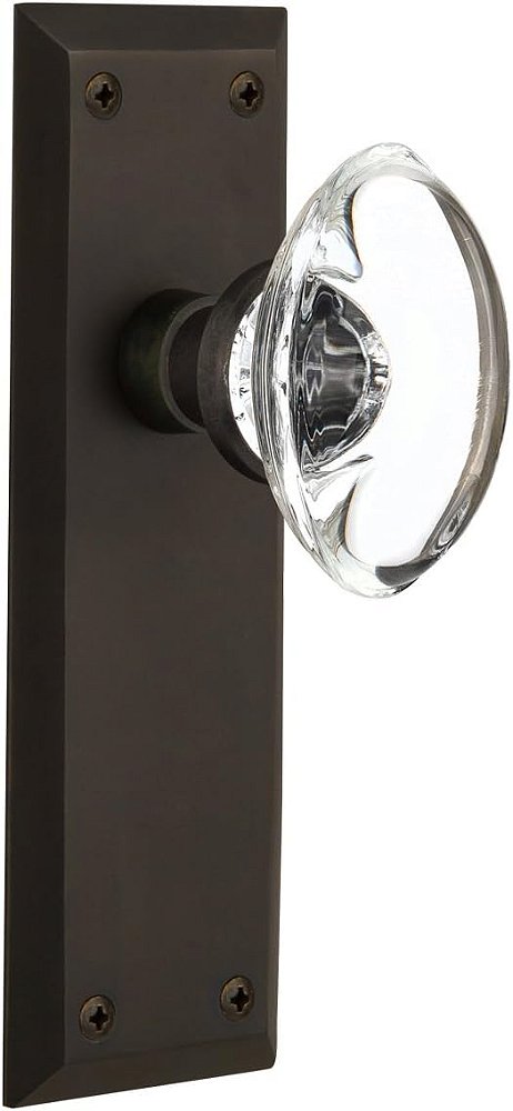 Fechadura Simples, Bronze Envelhecido, Placa de Nova York com Maçaneta de Cristal Oval Transparente da Nostalgic Warehouse 711536