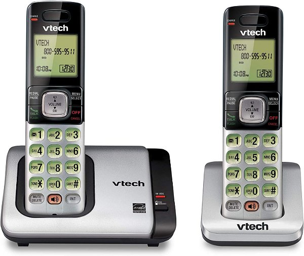 Telefone sem fio expandido com identificador de chamadas/espera, intercomunicador de aparelho e display/teclado retroiluminados, prateado, 2 unidades.