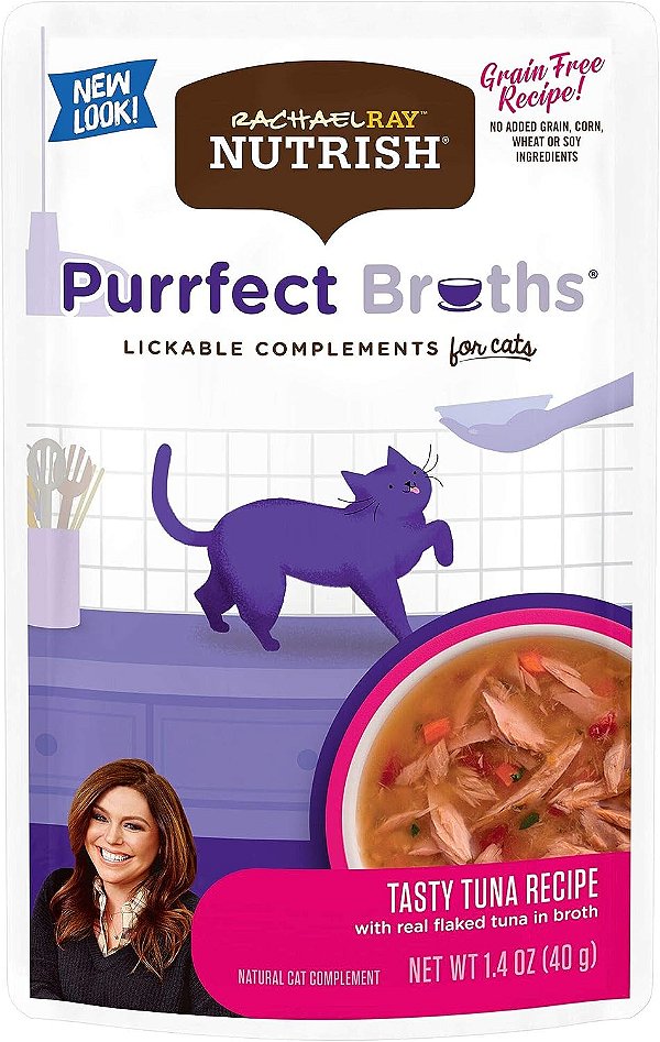 Rachael Ray Nutrish Purrfect Broths Alimento Molhado Natural para Gatos, Receita saborosa de Atum com Atum em Escamas e Vegetais, Bolsa de 1,4 onças (pacote com 24), Livre de Grã