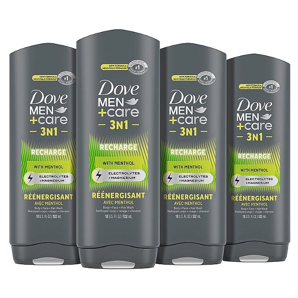 DOVE MEN + CARE Gel de Banho Pós-Treino 3 em 1 Recarregador com Mentol para Homens, 18 oz, Pacote com 4 Unidades