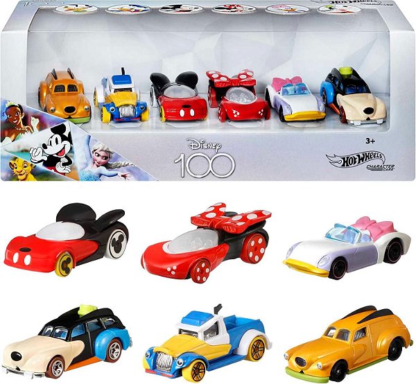 Carrinhos de Brinquedo Hot Wheels, Conjunto de 6 Personagens da Disney em Escala 1:64, Embalagem Especial Disney100, Para Crianças e Colecionadores