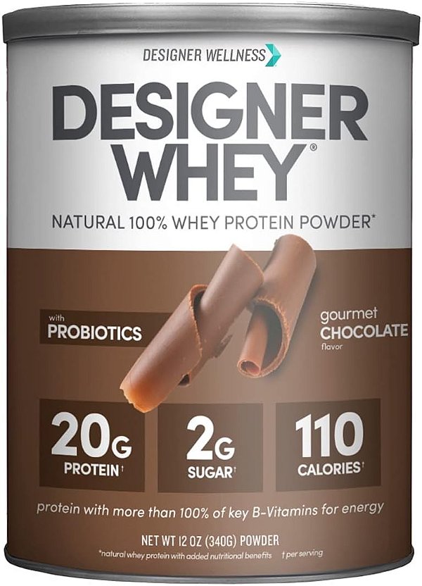 Designer Bem-estar Designer Whey Natural 100% Proteína em Pó de Soro de Leite com Probióticos, Fibras e Vitaminas B-Chave para Energia, Sem Glúten, Não-OGM, Chocolate Gourmet 12 oz