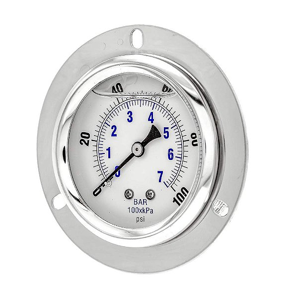 Manômetro Industrial de Pressão Preenchido com Glicerina para Montagem em Painel com Flange Frontal PIC Gauges PRO-204L-254E, Caixa de Aço Inoxidável, Internos de Latão, Visor de Plástico, Mo