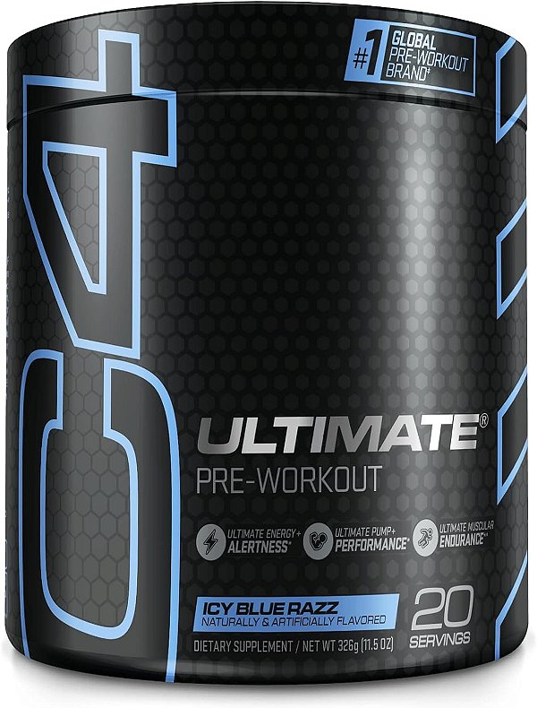 Pó pré-treino Cellucor C4 Ultimate ICY Blue Razz - Suplemento energético pré-treino sem açúcar para homens e mulheres - 300mg de cafeína + 3,2g de beta-alanina + 2 creatinas