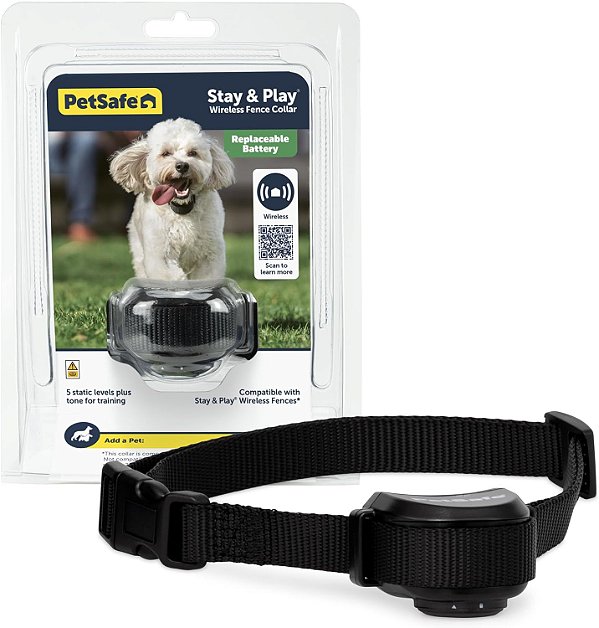 Cerca para animais de estimação sem fio PetSafe Stay&Play com colar de bateria substituível, cobre até 3/4 de acre, para cães e gatos com mais de 5 libras, colar à prova d'água