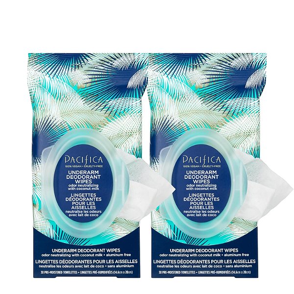 Pacifica Beauty, lenços desodorantes para as axilas com leite de coco e óleos essenciais, 30 unidades (pacote com 2), removem odores em movimento, livre de alumínio, amigável para viagem