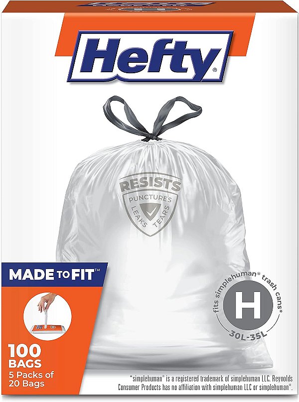 Sacos de lixo Hefty Made to Fit, para o tamanho simplehuman H (9 galões), 100 unidades (5 pacotes de 20 sacos cada) - Embalagem pode variar