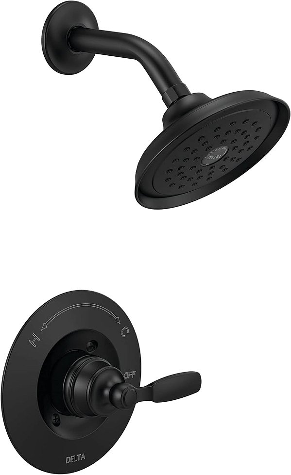 Conjunto de torneira de chuveiro de função única da série 14 Woodhurst da Delta Faucet, cabeça de chuveiro de jato total, alça de chuveiro, torneira de chuveiro preta, kit de moldura de chuve