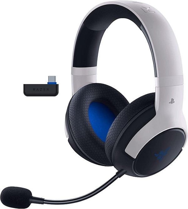 Fone de ouvido para jogos sem fio Razer Kaira HyperSpeed para Playstation 5 / PS5, PS4, PC, Mobile: Drivers de 50mm - Microfone cardioid HyperClear - Almofadas de espuma de memória - Bluetooth - Bateria