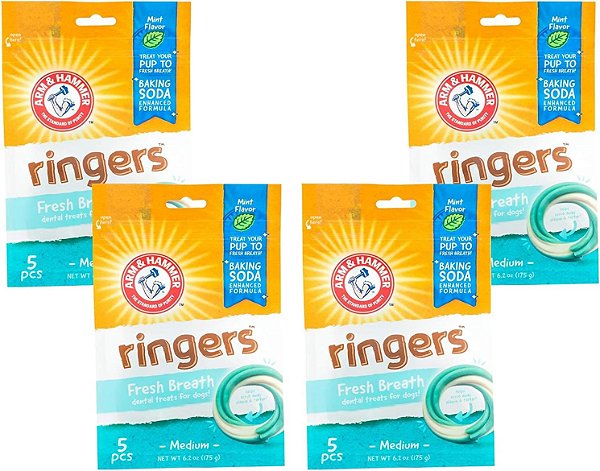 Petiscos dentais Arm & Hammer para cães | Petiscos dentais para cães combatem o mau hálito, placa e tártaro sem escovação | Sabor menta fresca, 5 unidades - Pacote com 4 petiscos
