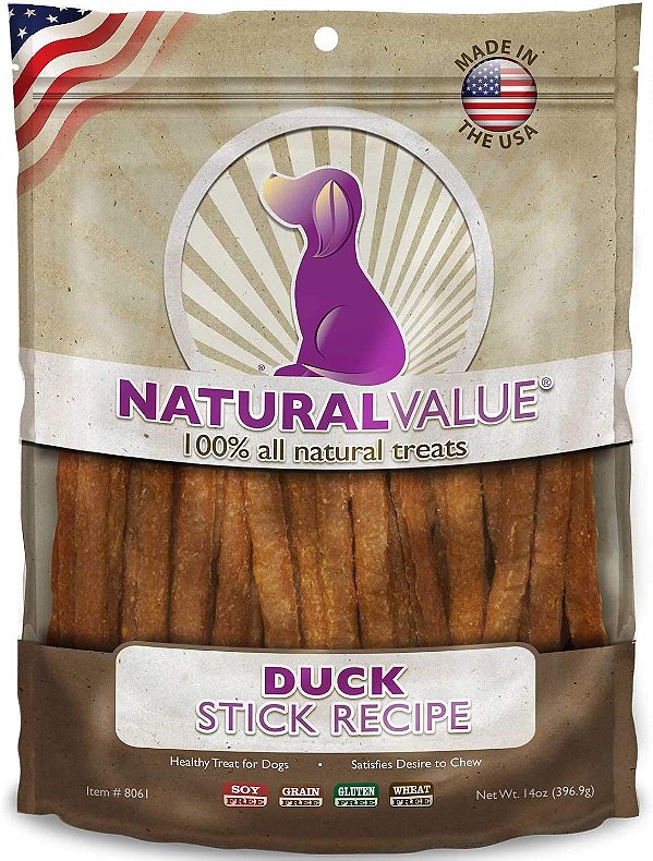Palitos de pato mastigáveis naturais Loving Pets Natural Value para cães, 14 onças.