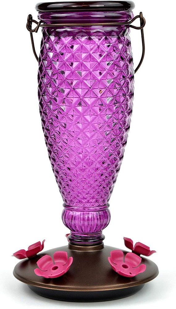 Alimentador de Beija-flor de Vidro de Preenchimento Superior em Forma de Diamante Roxo Perky-Pet 9102-1SR com Protetores Integrados contra Abelhas - Decoração para Jardim Externo - 24 Oz