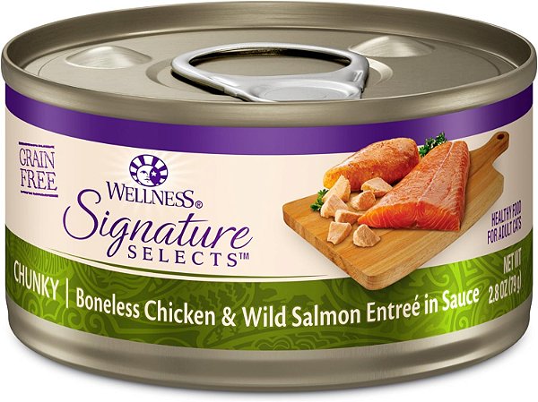 Alimento úmido para gatos Wellness CORE Grain-Free Signature Selects, Alimento Natural para Animais de Estimação Feito com Carne Real (Frango e Salmão em Pedaços, 2,8 onças, Pacote com 12)