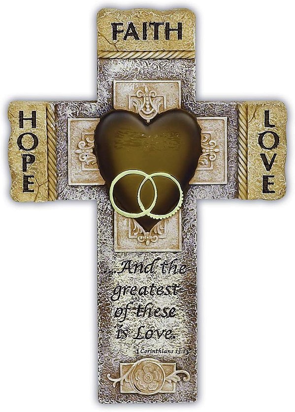Crucifixo de Parede para Casamento com Versículo Bíblico de Fé, Esperança e Amor, Presente para Casais em Casamento, Noivado e Renovação de Votos, 7,25 polegadas por 10,5 poleg