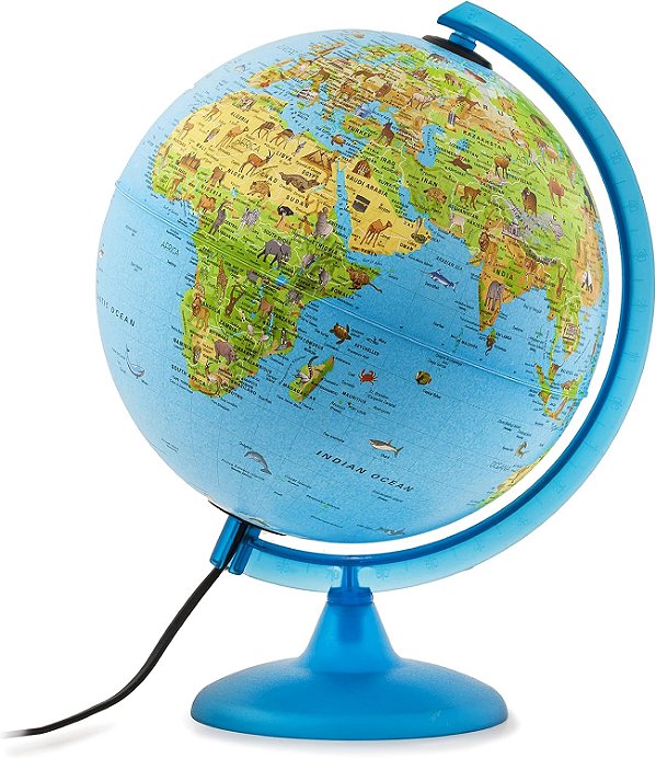 Globo Geográfico de Exploração Safari Explorer de Animais, Globo do Mundo, Globo de Mesa Iluminado com Terra Física Azul e Centenas de Animais Ilustrados.