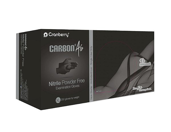 Luvas de Exame de Nitrilo Preto Carbon Air Cranberry, Pacote com 250, Extra Grande, Resistente a Fentanil, Testado para Quimioterapia, Baixo Potencial de Dermatite, 2,5 Mil.