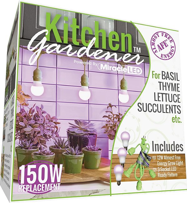 Kit de lâmpadas de cultivo LED Miracle LED 609602 Kitchen Gardener com 3 soquetes e espectro vermelho e azul de alto rendimento AFE Bulbs (2-Pack) 2 luminárias, 6 lâmpadas.