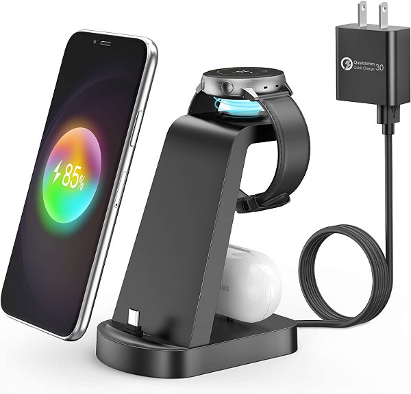 Estação de Carregamento para Múltiplos Dispositivos Samsung, Suporte de Carregamento Rápido 3 em 1 Carregador USB-C para Galaxy Watch 5/5 Pro/4/3/Active, Galaxy S23/S22/S21/S