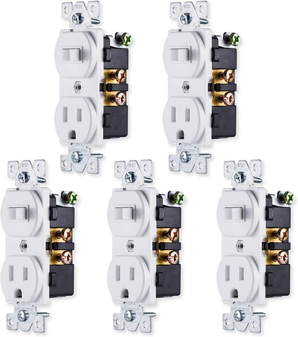 Pacote combo de 5 interruptores e tomadas GE, Tomada dupla, 1 interruptor de ligar/desligar, 1 plugue de parede com terra, Monopolar, 3 pinos, 15 Amp, Listado pela UL, Br