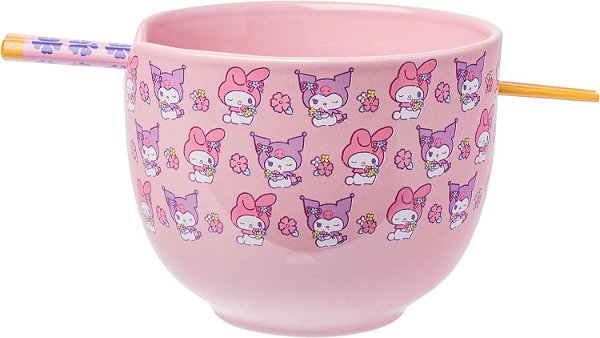 Tigela de Ramen de Cerâmica Silver Buffalo Sanrio My Melody e Kuromi com Padrão Floral Pastel e Hashi, 20 Onças, Roxo/Multi