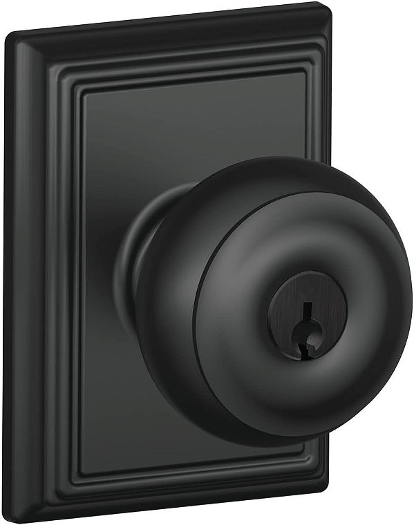 Maçaneta da porta georgiana Schlage F51A GEO 622 ADD com guarnição Addison, fechadura de entrada com chave, preto fosco