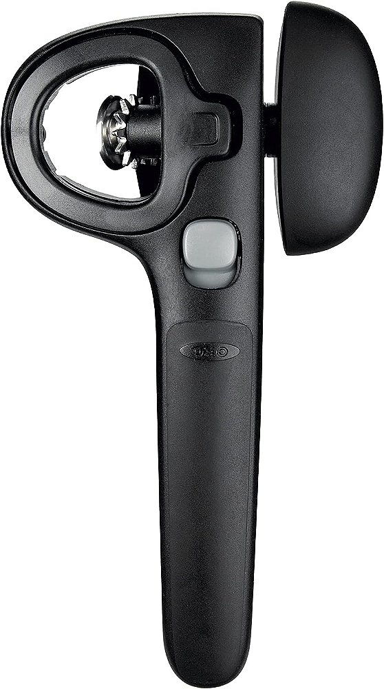Abridor de latas com trava e pegador OXO Good Grips com pegador de tampa