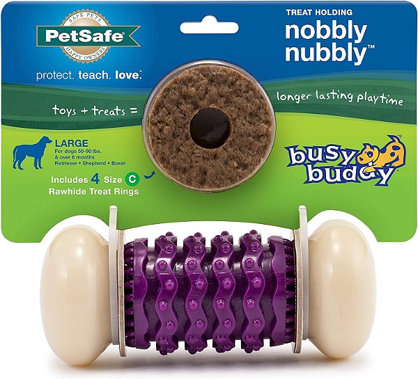 Brinquedo para cães PetSafe Busy Buddy Nobbly Nubbly Treat Holding - Mastigadores fortes - Desafiador - Anéis de petiscos incluídos - Grande