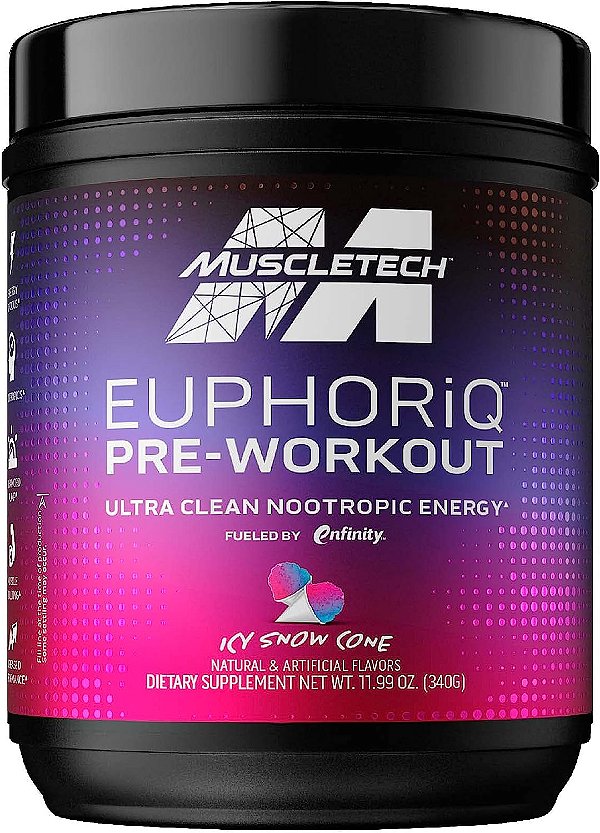 Pó pré-treino MuscleTech EuphoriQ inteligente para homens e mulheres, impulsionado com metabólitos de cafeína Paraxantina Sabor de Cone de Neve Gelado (20 porções)