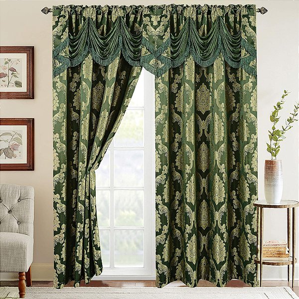 Conjunto de Painéis de Cortina com Efeito Jacquard e Valência de Cascata Integrada, Elegante e Confortável, (Conjunto de 2), 54 x 84 Polegadas, Verde Caçador/Sábio.