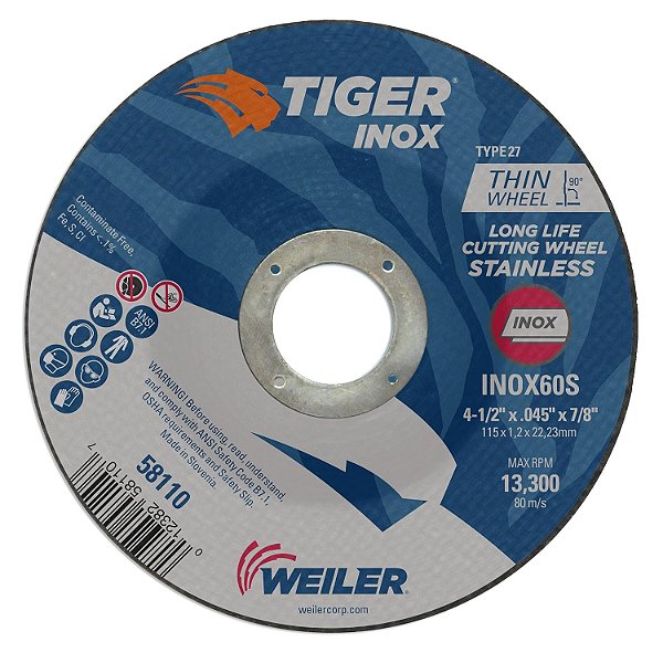 Weiler 58110 Roda de Corte de 4-1/2 Polegadas, Tiger Inox Aço Inoxidável Contaminante Livre de Alto Desempenho de Corte, .045 Tipo 27 INOX60S com Arco de 7