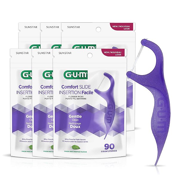 GUM Conforto Deslizante Fio Dental em Palitos - Perfeito para Dentes Apertados - Fio Dental Extra Forte e Resistente a Desfiamento, Cabo de Fácil Agarre - Fio Dental para Adultos - Sabor Menta Fres