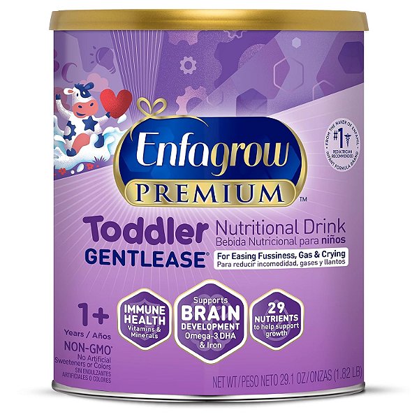 Bebida nutricional Enfagrow Premium Gentlease para crianças pequenas, Ômega-3 DHA para suporte cerebral, Prebióticos e Vitaminas para a saúde imunológica, sem organismos geneticamente modificados, lata de 29,