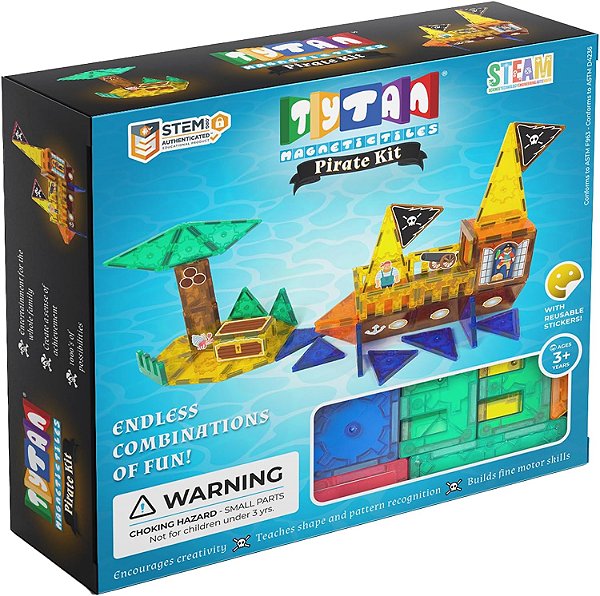 Conjunto de construção de peças magnéticas de 60 peças Tytan Tiles Pirate Ship & Island, brinquedo STEM divertido para crianças, jogo criativo, reconhecimento de forma e padrão, habilidades motoras finas, inclui saco de