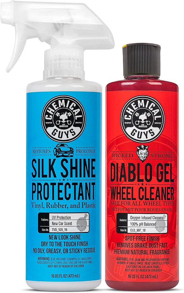 Pacote de Limpeza de Rodas e Protetor de Pneus da Chemical Guys com (1) 16 oz Protetor Silk Shine e (1) 16 oz Limpa Rodas Diablo